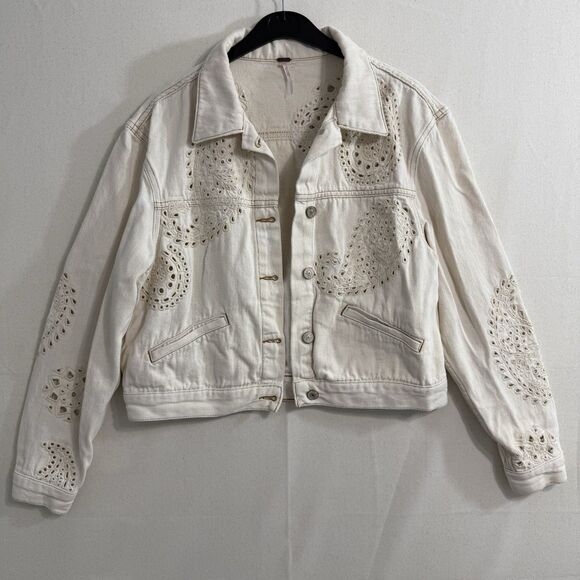 FREE PEOPLE Women Cream Denim Jean Jacket Size Small - Picture 1 of 10